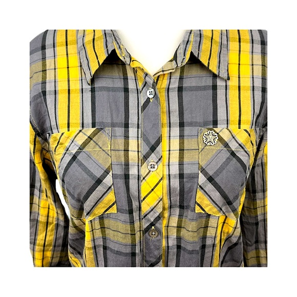 OBEY Women’s Plaid Lightweight Cotton Button Up Shirt Size L Yellow Streetwear - Picture 2 of 12